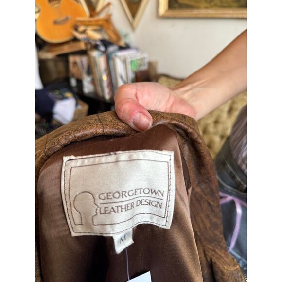 80s Leather Brown Leather Distressed Patchwork Jacket Size Mens Medium - Picture 5 of 9